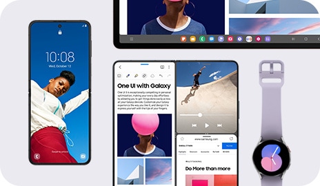 Galaxy Z Flip po lewej stronie ma tapetę i cyfrowy widżet zegara. Obok ekran Galaxy Z Fold jest podzielony na trzy sekcje. Nad nim pokazano pasek zadań Galaxy Tab. Galaxy Watch po prawej ma twarz zegarka