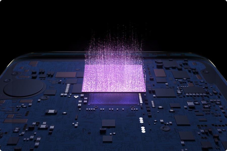 The octa-core processor is shown, slightly levitating inside the hardware. 