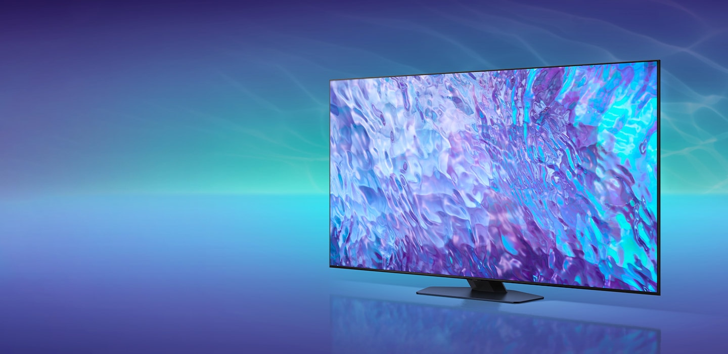 A QLED TV is displaying purple graphic on its screen