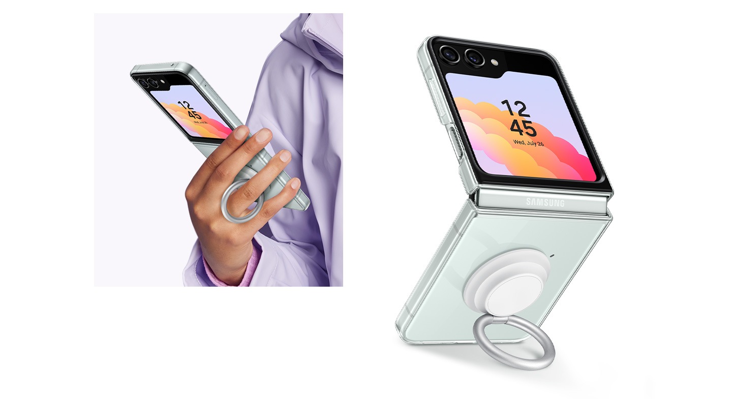 Une personne tient un Galaxy Z Flip5 déplié à la verticale avec un étui gadget transparent allumé, à l’aide d’un anneau. À côté, l’appareil est placé à la verticale sur une surface avec l’anneau utilisé comme support.