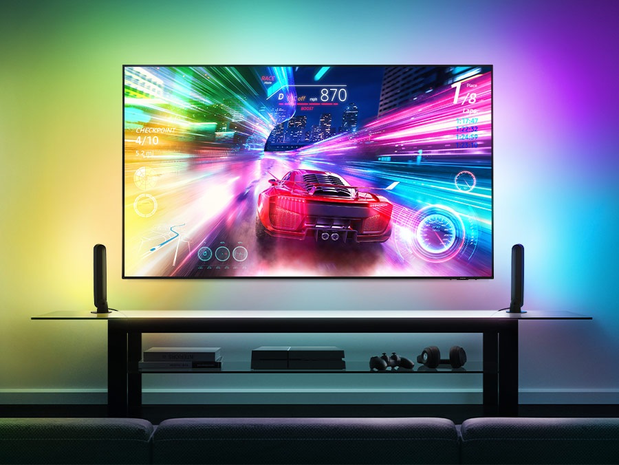 * Lumière intelligente vendue séparément. * Certaines régions uniquement. * Samsung Account requis. Une installation supplémentaire de l’application Philips Hue Sync et un abonnement payant sont requis.