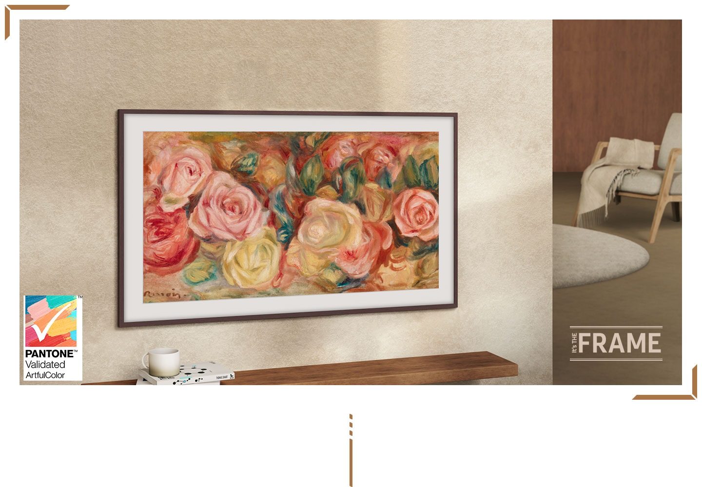 The Frame TV is set on a wall. The screen shows a painting of roses. A logo reads It's The Frame and the PANTONE Validated certification stamp.