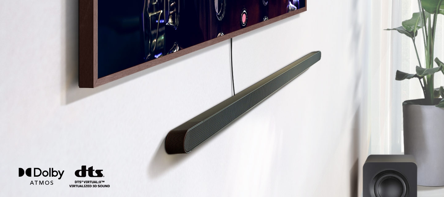 A close-up on an Ultra Slim Soundbar installed underneath a TV, along with the logos for Dolby Atmos and DTS Virtual:X. A Wi-Fi signal icon pops up near the Soundbar. The scene zooms out to reveal an entire living room. The Soundbar gives off angled sound waves, which reflect off the ceiling and travel to the back of the room.