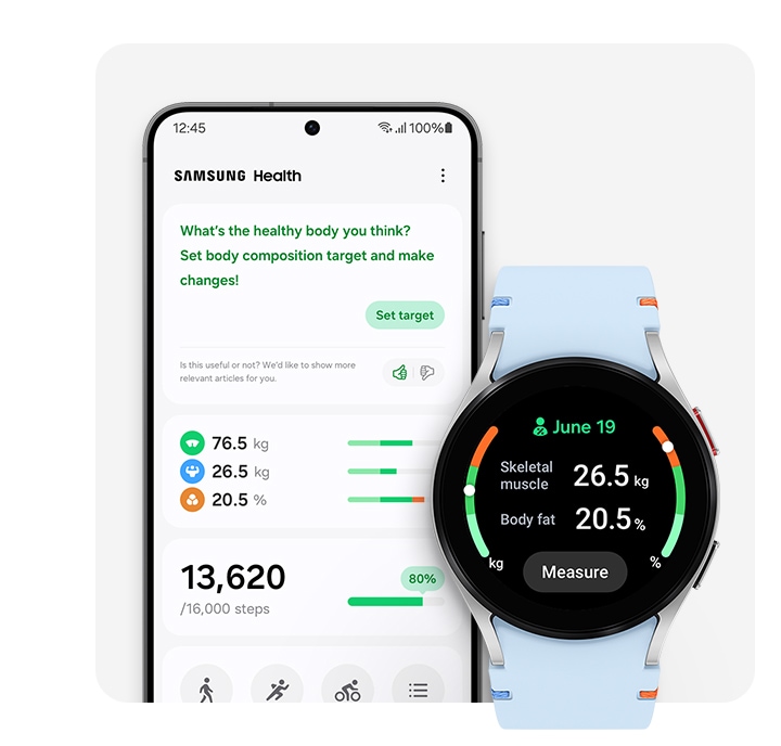 A silver Galaxy Watch FE is with a sky-blue stitch band is seen from the front. The watch face displays the time and the user's body composition results. At the center-bottom of the screen, there is a 'Measure' button. To the left of the Galaxy Watch, there is a Galaxy S24 displaying the interfaces of Samsung Health, including body composition results, target setting, total steps, and various supported exercise programs.