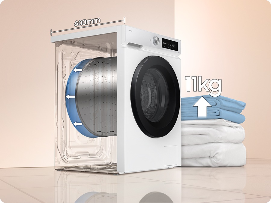 At the bottom left, SpaceMax™ feature is shown in icon. The depth of the washer drum has increased to 600mm, and the capacity has increased from 9kg to 11kg. It can wash even large down.