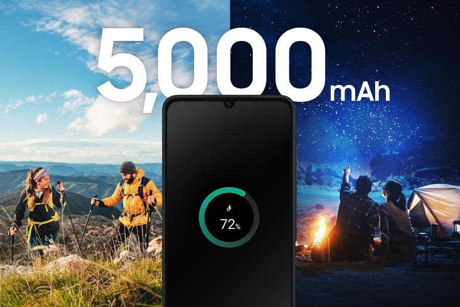 Le Galaxy A06 affiche une charge de 72 %, avec « 5 000 mAh » en haut. L’arrière-plan représente des personnes faisant une randonnée la journée et du camping la nuit, illustrant l’autonomie d’une seule charge.