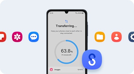 Un smartphone affichant un processus de transfert de données. Autour du téléphone se trouvent des icônes d’application colorées et un logo Smart Switch.