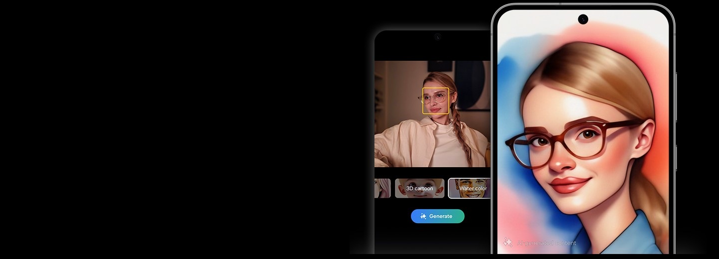 Une photographie d’une femme avec des lunettes est modifiée avec la fonction Portrait Studio pour Photo Assist. Des effets d’IA sont appliqués au portrait, avec des couleurs vives. Le texte indique Contenu généré par IA.