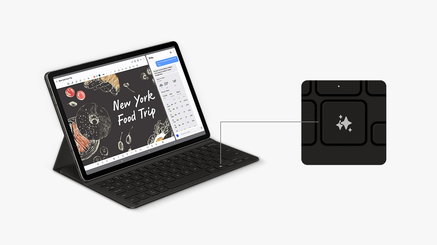 Une Galaxy Tab S9 avec un clavier Book Cover Keyboard fin est légèrement inclinée vers la droite, affichant l’application Note Assist à l’écran. L’écran est divisé pour afficher une conversation avec Bixby d’un côté. Un gros plan met en surbrillance la touche Galaxy AI du clavier, indiquant son emplacement.