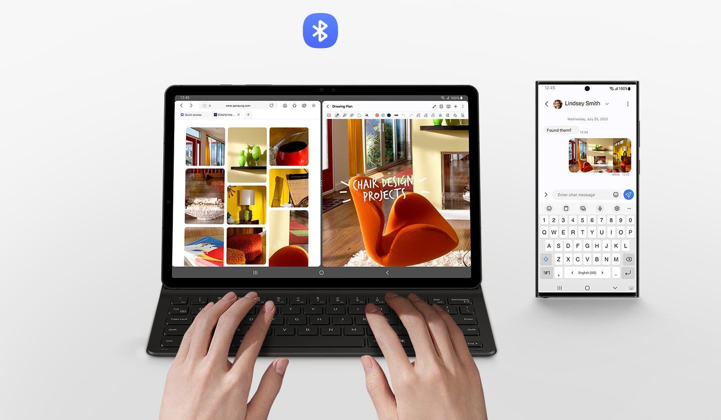 Une personne utilise la Galaxy Tab S9 avec le Book Cover Keyboard fin. Son écran est divisé en deux fenêtres avec plusieurs résultats d’images de meubles d’intérieur sur le Web, et l’une des images en cours de modification. Un smartphone Galaxy avec l’image à l’écran pendant que les lettres sont tapées avec le clavier de l’étui. Le logo Bluetooth est affiché.