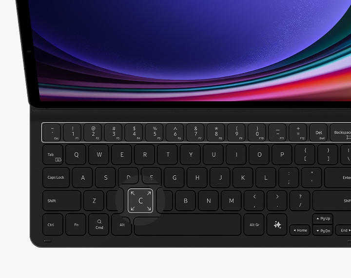 Vue avant du clavier du Book Cover Keyboard fin avec les touches de fonction en surbrillance. Une touche est mise en surbrillance pour souligner sa grande taille.