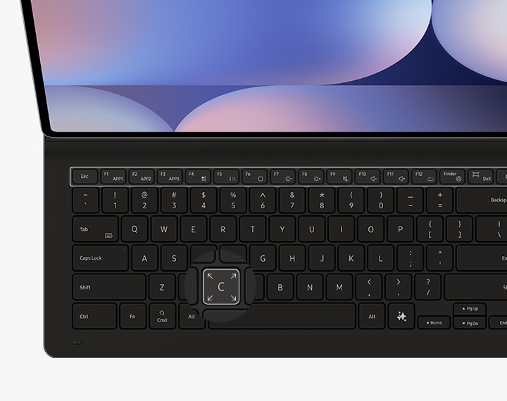 Vue avant du clavier du Book Cover Keyboard fin avec les touches de fonction en surbrillance. Une touche est mise en surbrillance pour souligner sa grande taille.