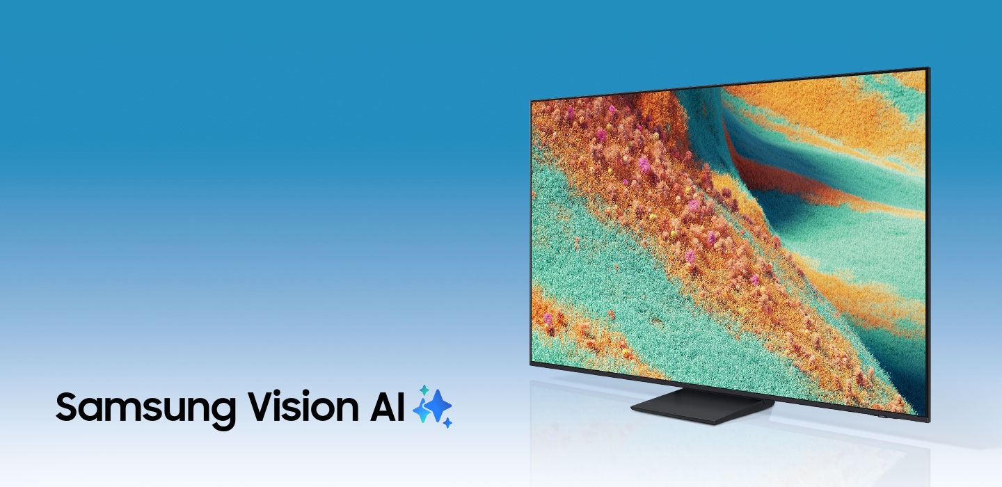 A Samsung Vision AI TV displays a blank screen. An otherworldly grassy landscape in vivid green and orange colors suddenly appears on screen.