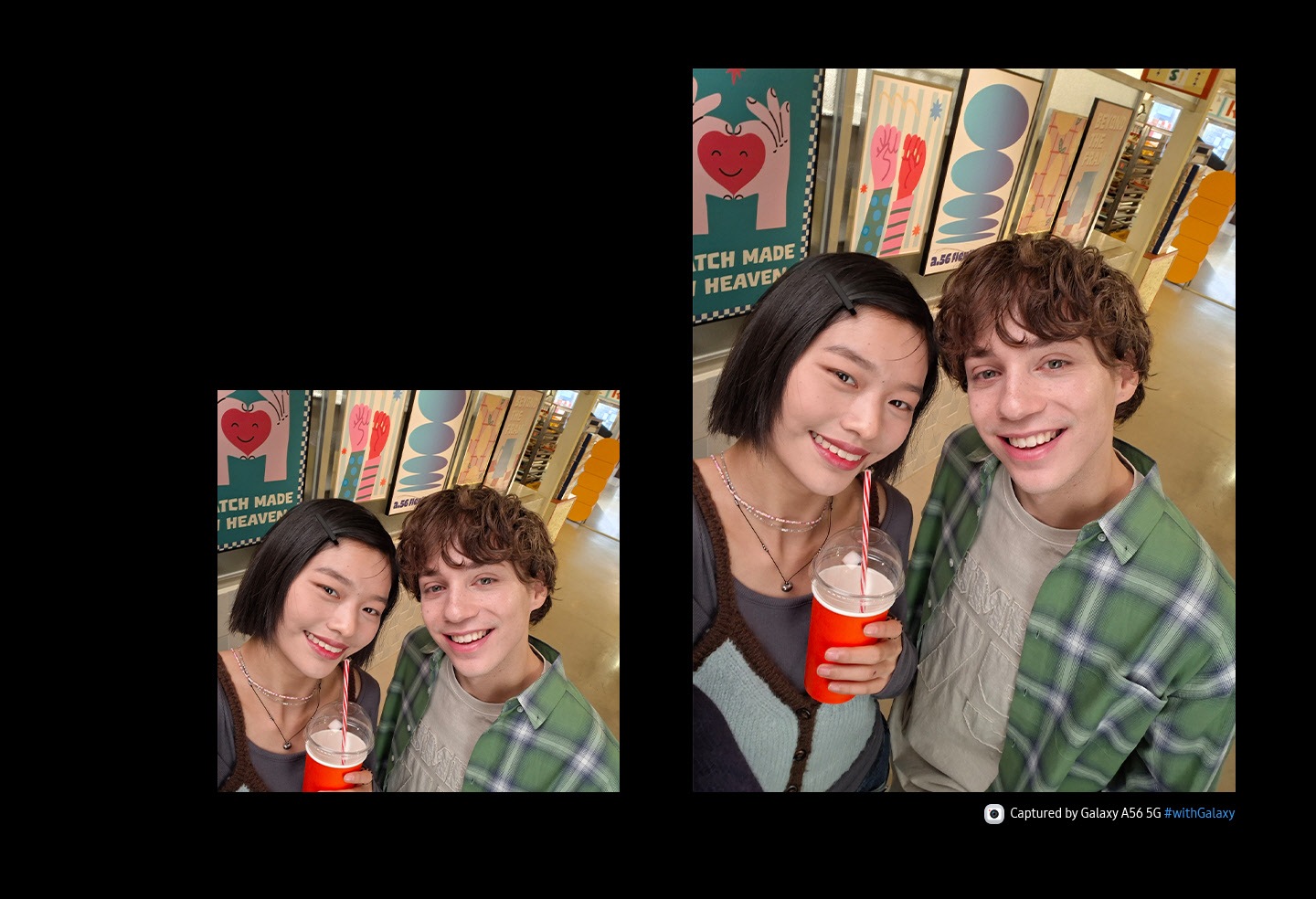 Two people smiling in a casual background. The person on the left is holding a disposable coffee cup. The angle implies they are taking a selfie. At the bottom is camera icon with text Captured by Galaxy A56 5G hashtag with Galaxy.