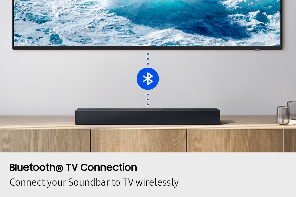 A TV and soundbar are connected wirelessly via dotted lines with the Bluetooth symbol.