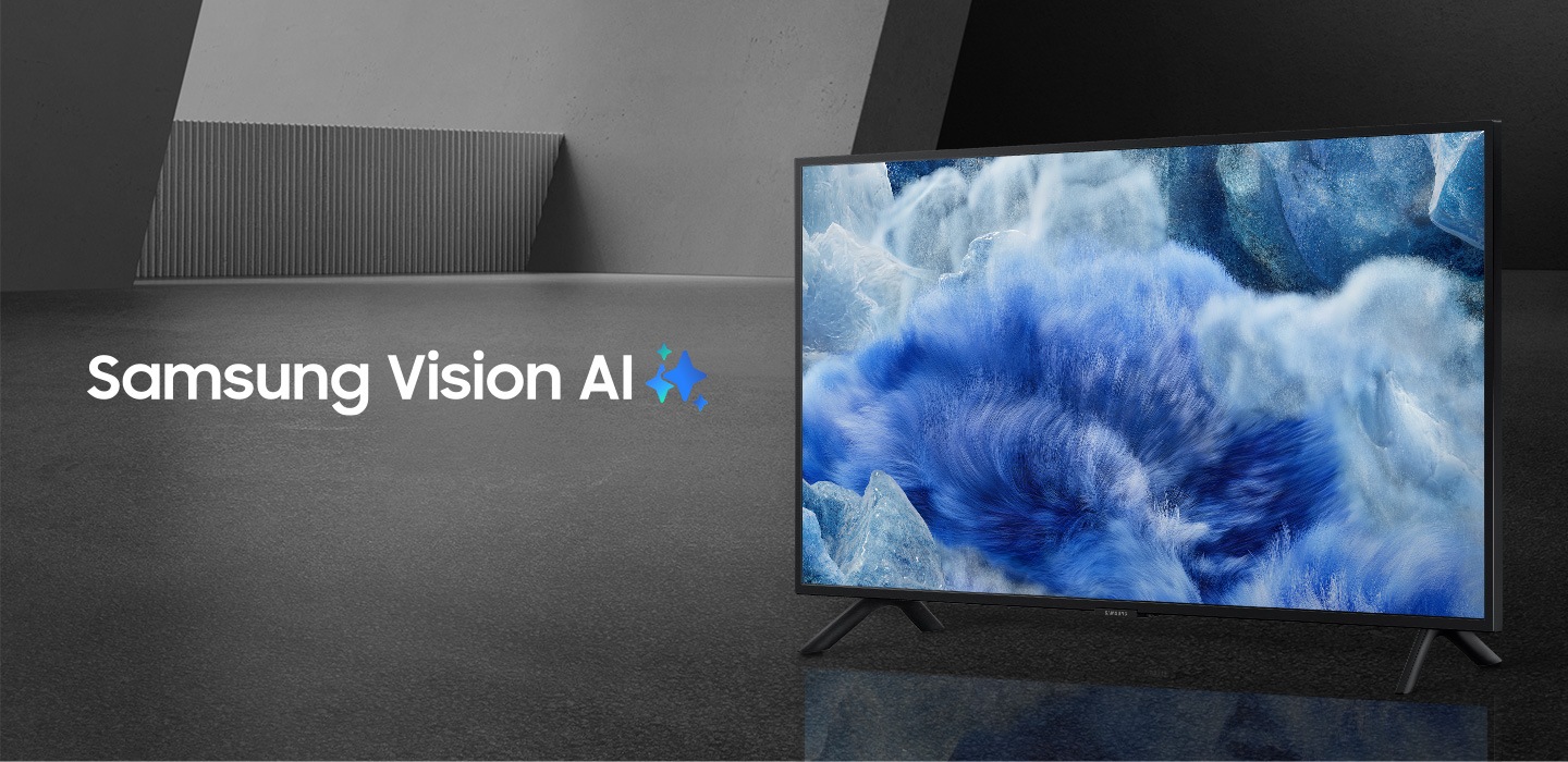 A TV with Samsung Vision AI has an otherworldly landscape with vivid blue grassy fields appear on screen.