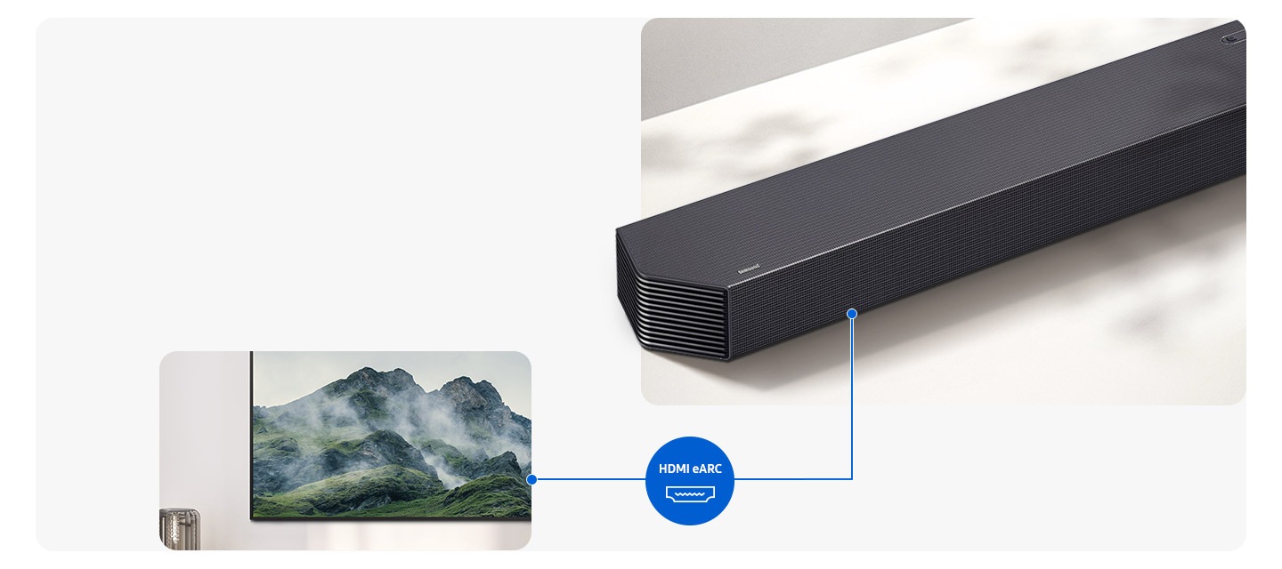 Close-up of a Samsung soundbar. A line connects the soundbar to a TV and shows the logo for HDMI eARC.