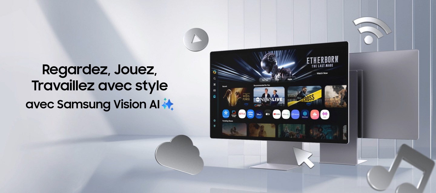 Regardez, jouez et travaillez avec style grâce à Samsung Vision AI. Le Samsung Smart Monitor M7 s'agrandit et affiche différentes icônes, telles que Copilot, Samsung TV Plus et AI, ainsi que plusieurs scènes. Les icônes du curseur, du Wi-Fi, de la musique, du bouton de lecture et du nuage apparaissent à l'écran lors de la rotation.