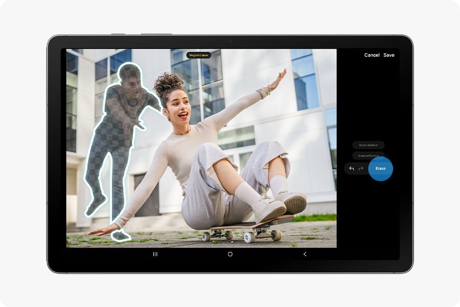 The man is highlighted for removal, demonstrating how Object Eraser easily deletes unwanted objects from photos with a few taps.