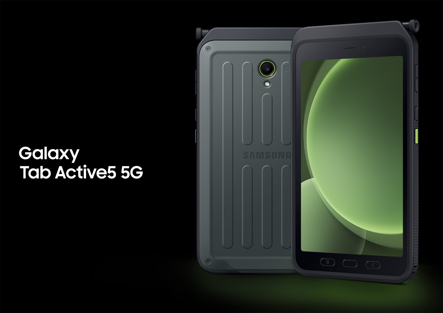 Deux appareils Galaxy&nbsp;Tab Active5 5G sont présentés. L’appareil de gauche présente l’arrière, et celui de droite présente l’écran avant affichant des formes circulaires éclatantes verdâtres.