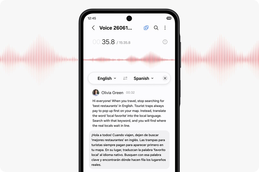 Le Galaxy A27 5G affiche une transcription vocale des conseils de voyage d&rsquo;Olivia pour d&eacute;nicher des restaurants locaux secrets et des lieux d&rsquo;h&eacute;bergement, traduits de l&rsquo;anglais vers l&rsquo;espagnol. Le texte dit&nbsp;: &laquo;&nbsp;Bonjour &agrave; tous&nbsp;! Lorsque vous voyagez, ne cherchez plus &laquo;&nbsp;best restaurants&nbsp;&raquo; en anglais. Les pi&egrave;ges touristiques paient toujours pour &ecirc;tre affich&eacute;s en premier sur votre carte. Traduisez plut&ocirc;t le terme &laquo;&nbsp;local favorite&nbsp;&raquo; en langue locale. Effectuez des recherches avec ce mot-cl&eacute;, et vous d&eacute;nicherez les vrais sites touristiques qui attendent d&rsquo;&ecirc;tre visit&eacute;s.