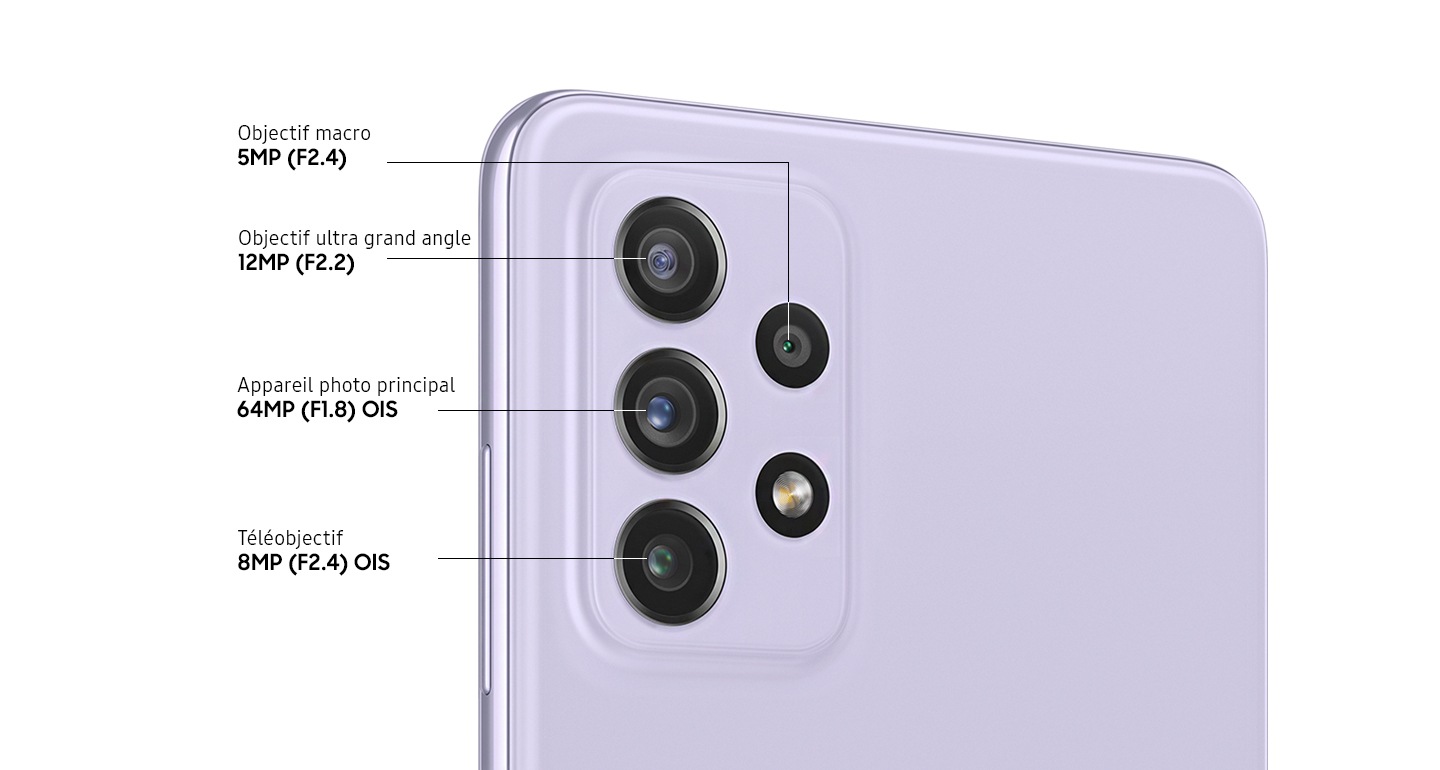 Un gros plan sur le quadruple appareil photo du modèle Violet Magistral, montrant le téléobjectif F2.4 8 MP OIS, l’appareil photo principal F1.8 64 MP OIS, l’objectif ultra grand angle F2.2 12 MP et l’objectif macro F2.4 5 MP.