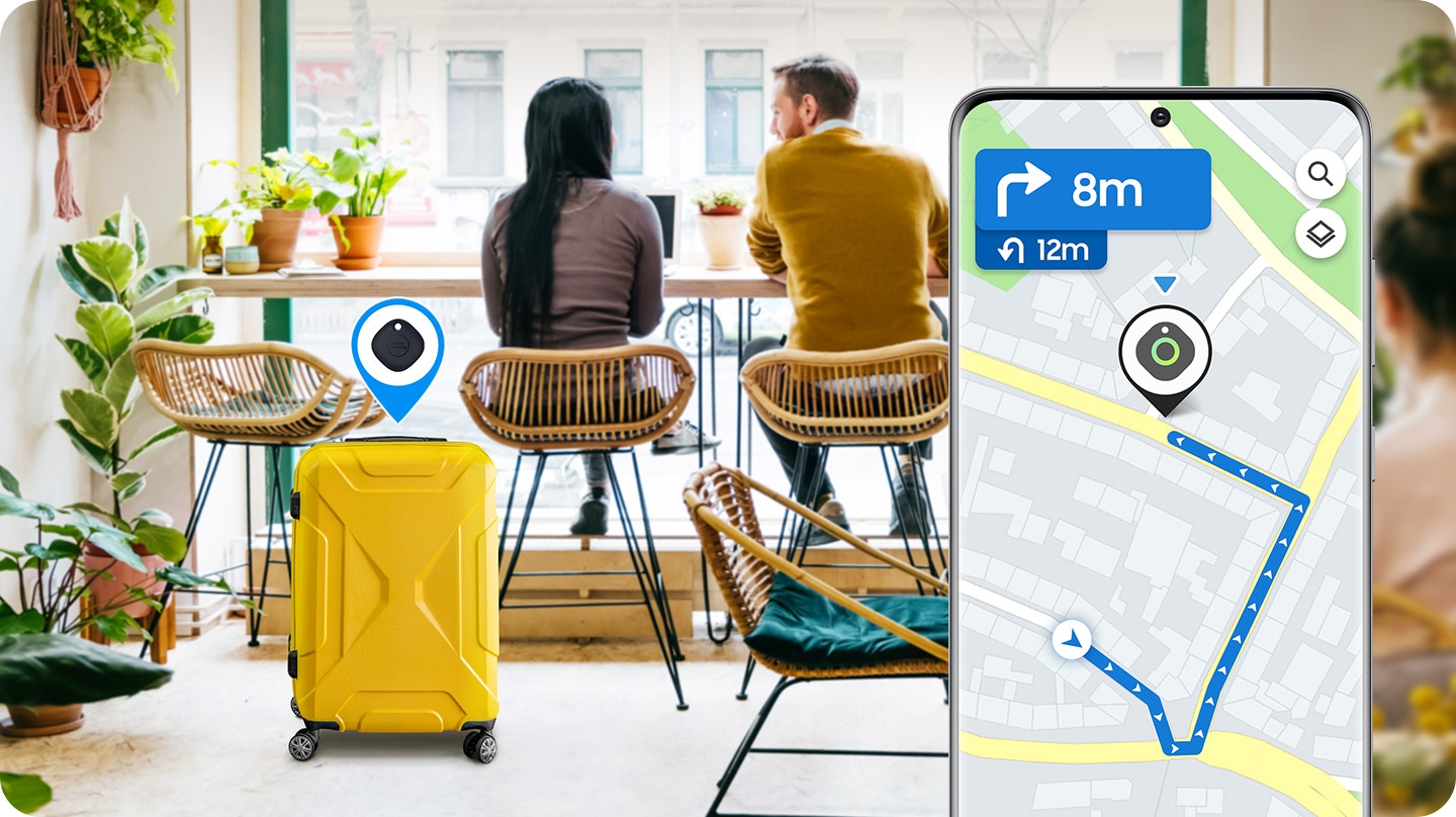 Grâce à Galaxy SmartTag et son application, trouver des objets perdus est simple et intelligent. La valise perdue se trouve maintenant dans un café.