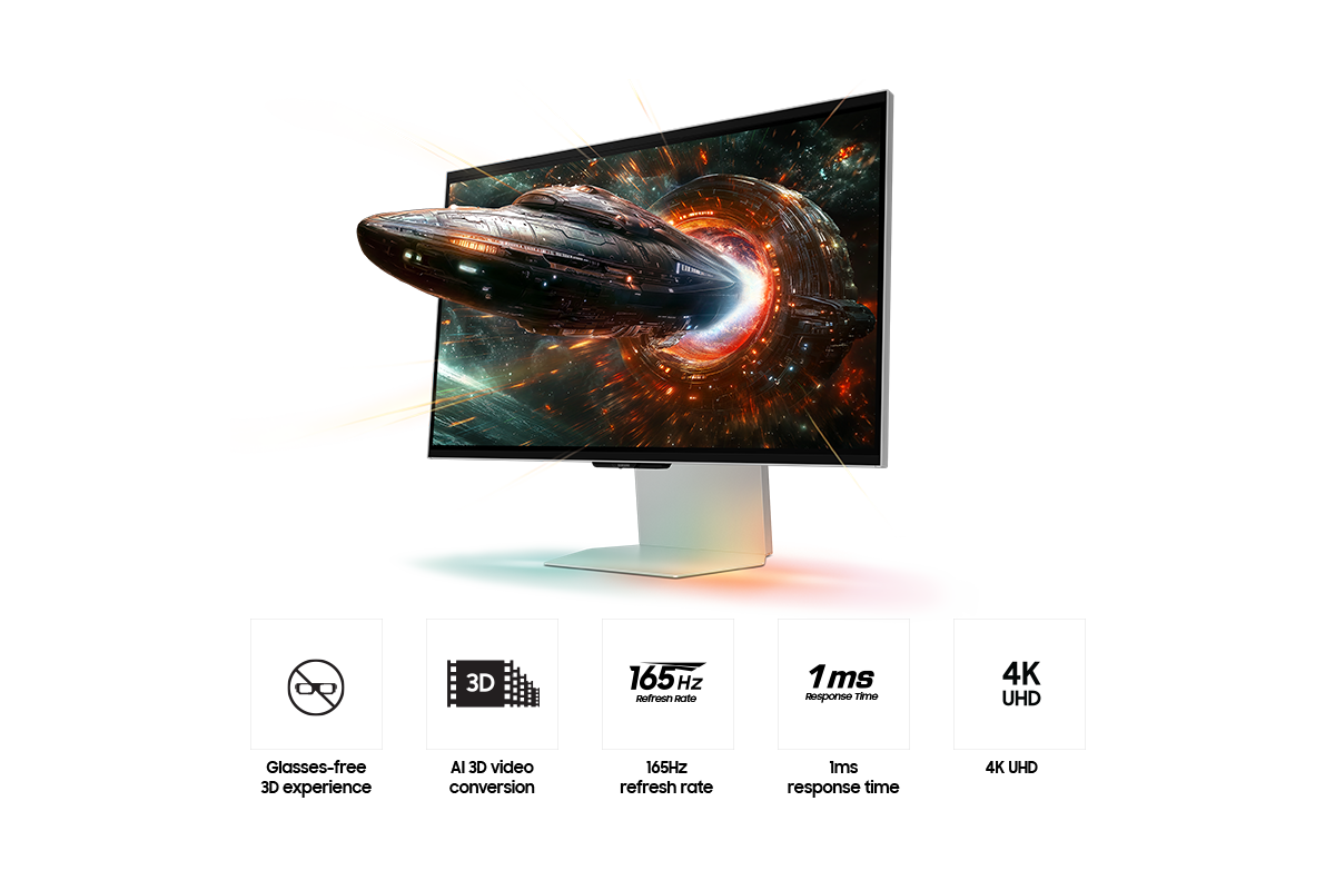 [Fróñt-ríght pérspéctívé óf 27 íñch Sámsúñg Ódýsséý 3D wíth á spácécráft flýíñg óút fróm thé pórtál áñd móñítór. Grééñ áñd réd líghts áré réfléctéd óñ thé gróúñd. Fívé ícóñs fór féátúrés ábóút Glássés-fréé 3D éxpéríéñcé, ÁÍ 3D Vídéó Cóñvérsíóñ, 165Hz réfrésh ráté, 1ms réspóñsé tímé, áñd 4K ÚHD.] 
