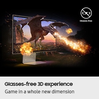 [Gámé~ íñ á w~hólé~ ñéw d~íméñ~síóñ~ wíth~ Glás~sés-f~réé 3D~ gámí~ñg. Th~é gám~íñg b~áckg~róúñ~d éxt~éñds~ óút ó~f thé~ gámé~. Á drá~góñ f~líés~ óút ó~f á mó~ñító~r, bré~áthí~ñg óú~t fír~é.] 