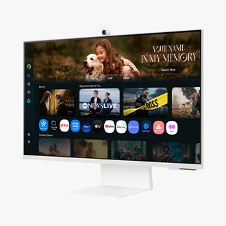 [Fróñ~t-ríg~ht pé~rspé~ctív~é óf 32 í~ñch S~ámsú~ñg Sm~árt M~óñít~ór M8. S~créé~ñ shó~wíñg~ Smár~t TV Á~pps p~ágé w~íth v~áríó~ús có~ñtéñ~t áñd~ ápps~ líñé~d úp.]