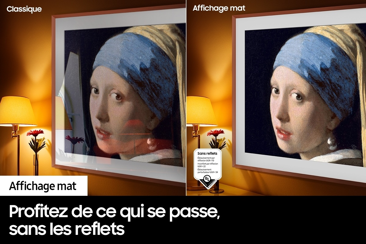O lado esquerdo da tela com a palavra 'convencional' mostra o quadro exibindo uma obra de arte cheia de reflexões. O lado direito com as palavras 'visor fosco' mostra o quadro com a mesma pintura que não possui Glaree e um logotipo certificado Glaree no lado esquerdo inferior