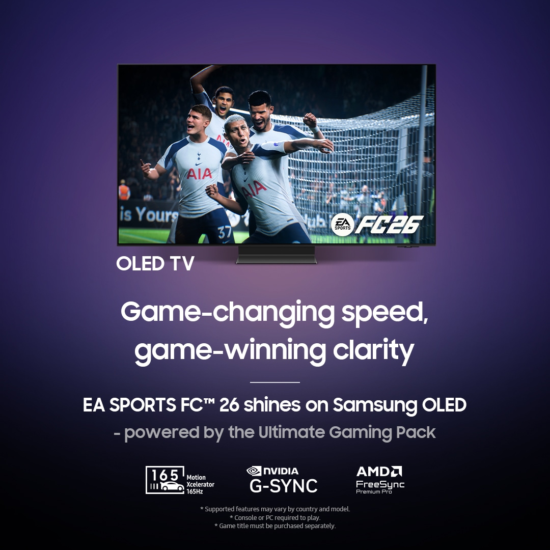 Samsung OLED S95F TV in a black and white indoor space displays a colorful scene of an otherworldly landscape.