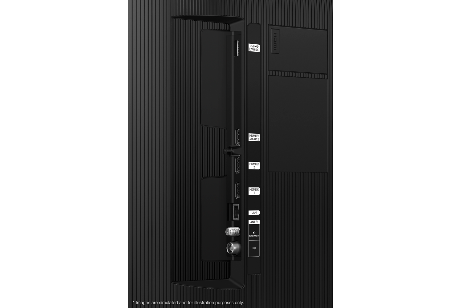 Samsung 2025 QLED Q7F has USB, HDMI, LAN, antenna ports and etc. on the side.