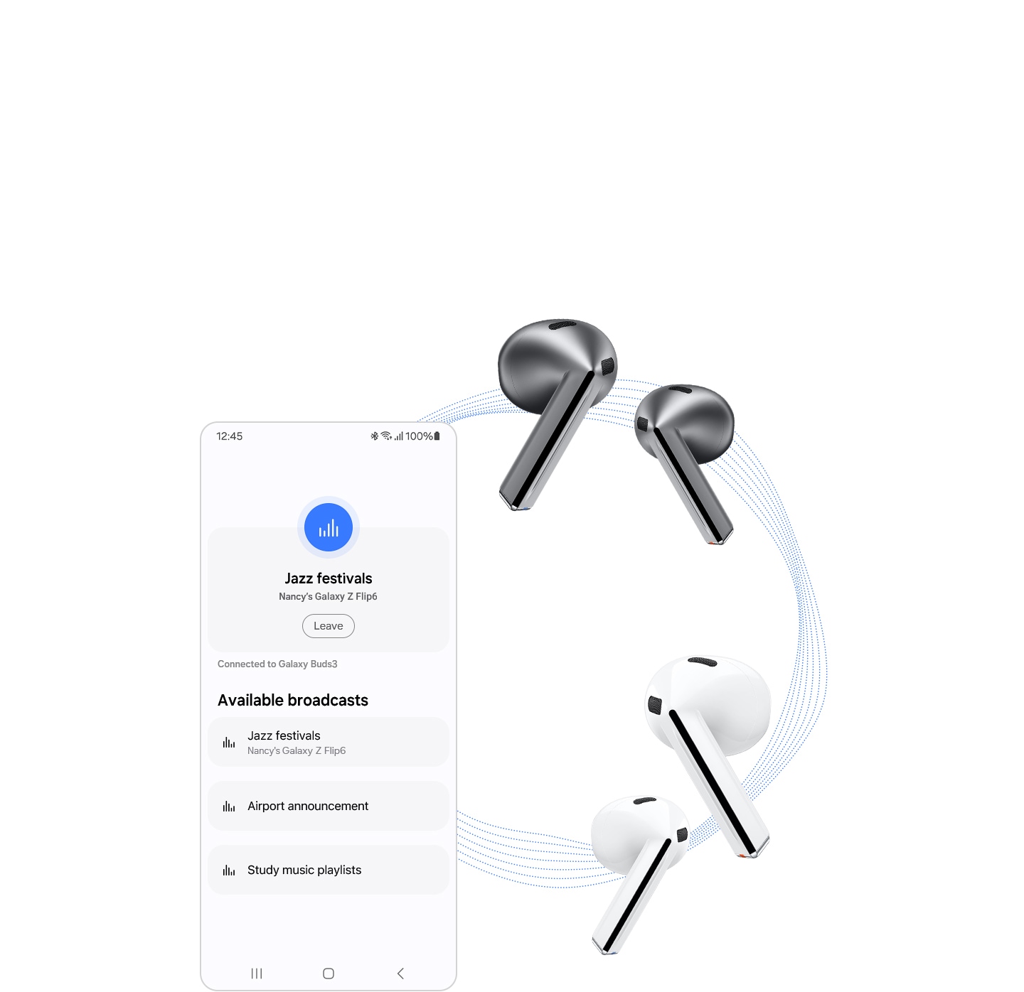 De Auracast-app staat open en aan de linkerkant is een cirkel van lijnen. Aan de bovenkant van de cirkel zien we een paar Galaxy Buds3 in zilver en aan de onderkant een paar Galaxy Buds3 in wit.