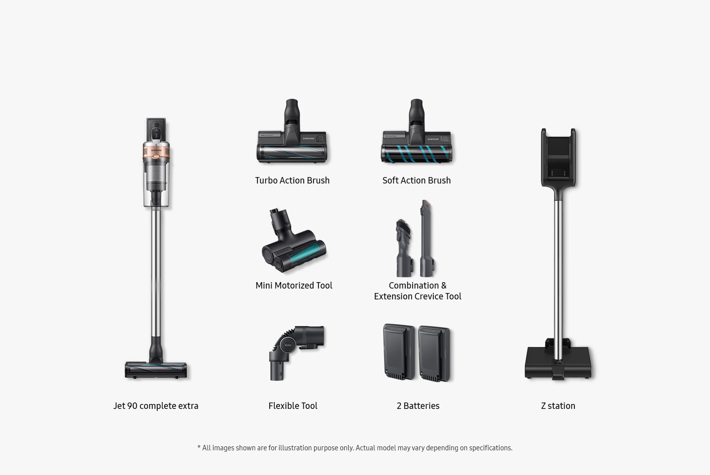 Items included inbox shown: Jet 90 complete extra, turbo action brush, soft action brush, mini motorized tool, combination & extension crevice tool, flexible tool, 2 batteries and z station. * All images shown are for illustration purpose only. Actual model may vary depending on specifications.