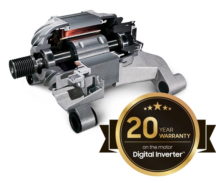 The washer motor with digital inverter technology gives a 20-year warranty.