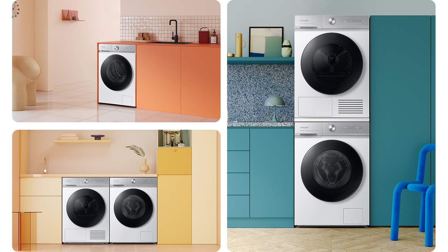 The washers and dryers sets are seamlessly installed in various living spaces.