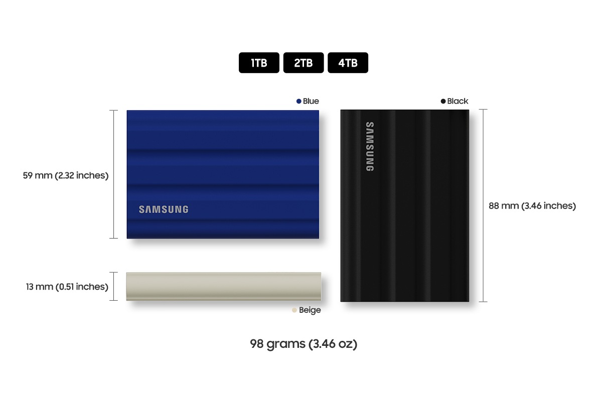 T7 Shield has blue, black, and beige colors.The horizontal size is 59mm, the vertical size is 88.15mm, the thickness is 13mm, and the maximum weight is 98.5 gram.