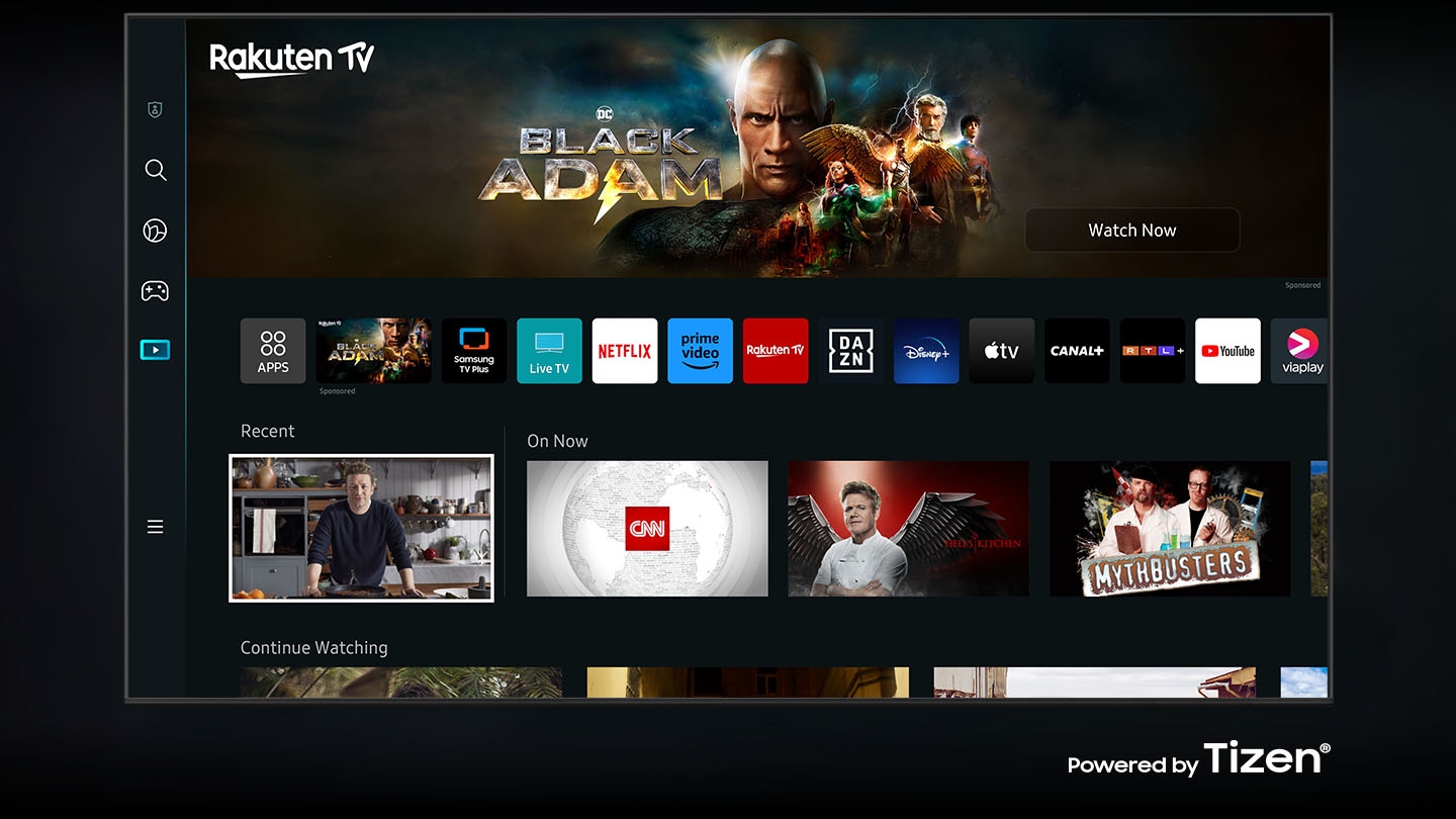 The new Smart Hub UI powered by Tizen is displayed to show a wide variety of OTT services and content being serviced.