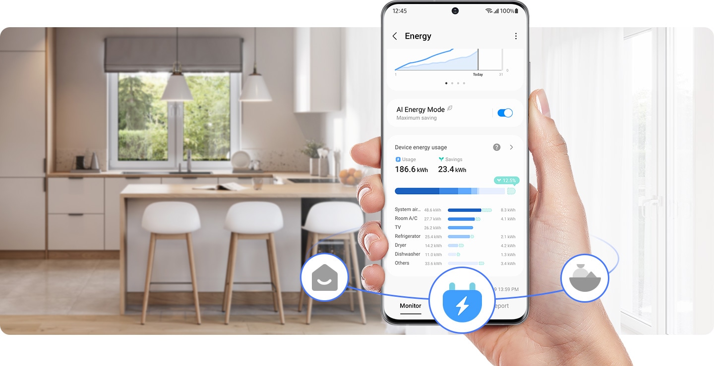The SmartThings app is onscreen. SmartThings AI Energy Mode is turned on.