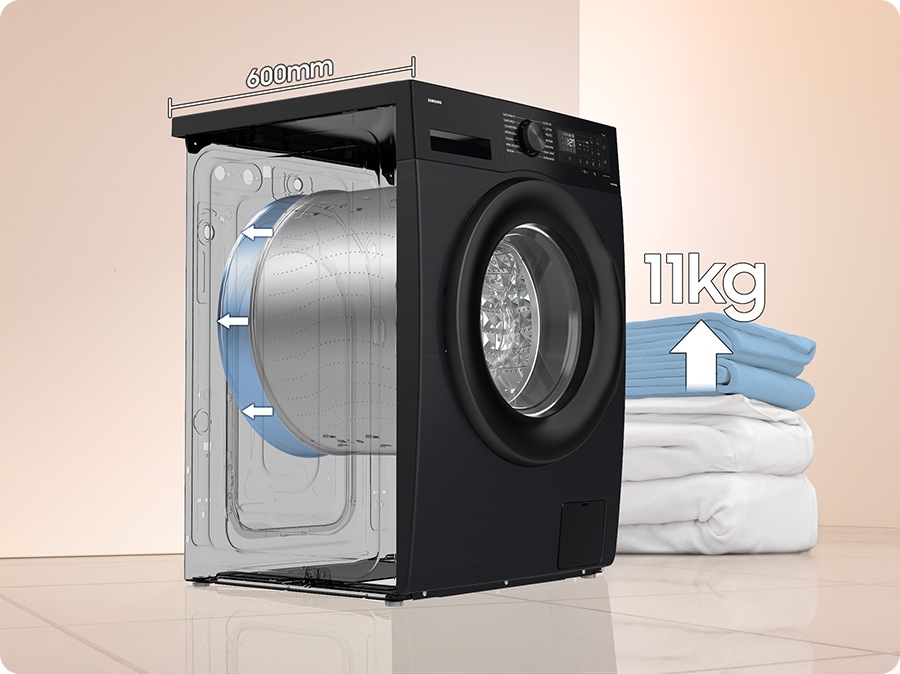 At the bottom left, SpaceMax™ feature is shown in icon. The depth of the washer drum has increased to 600mm, and the capacity has increased from 9kg to 11kg. It can wash even large duvet.