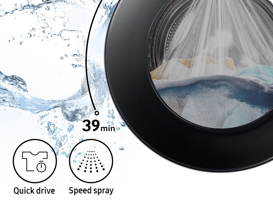 Towels and doll is in the drum and washing takes 39 min with the powerful speed spray. Quick drive and Speed spray features are shown in icons.