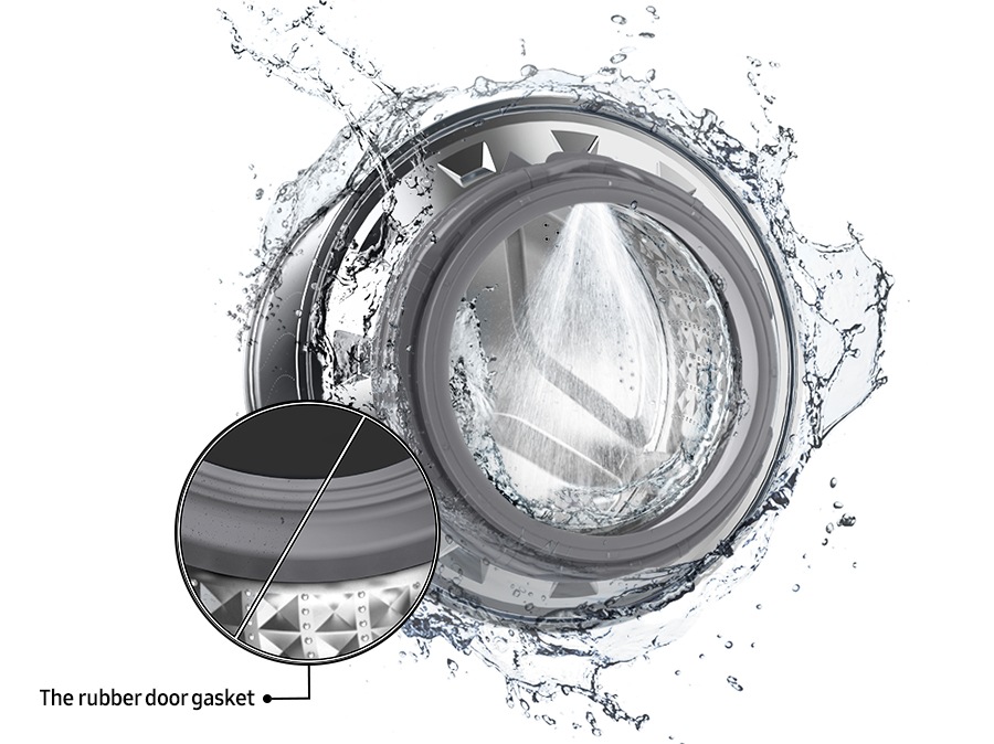 The washer drum is surrounded by clean water and water jets are cleaning the inside. Close-up of the rubber door gasket.