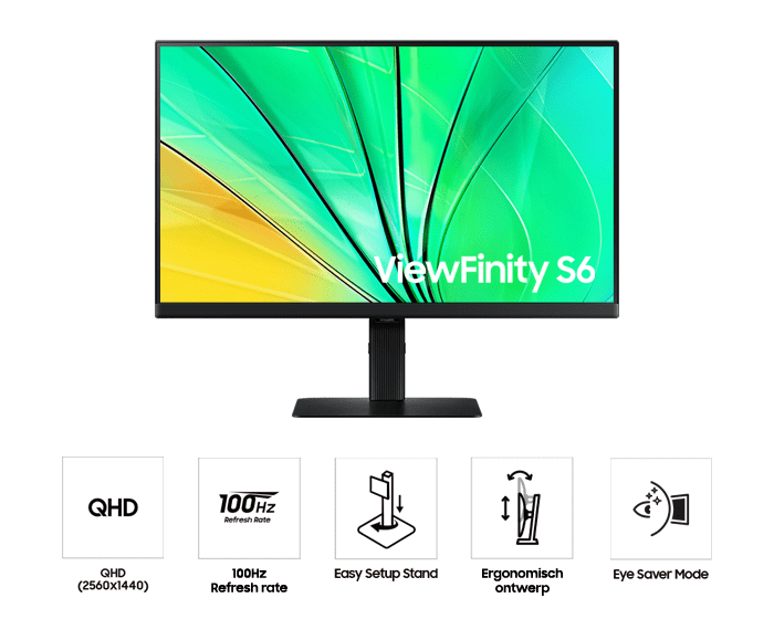 Front of 24inch Samsung ViewFinity S60D with green wave on screen, and five icons for features about QHD, 100hz refresh rate, easy setup stand, ergonomic design, and eye saver mode.