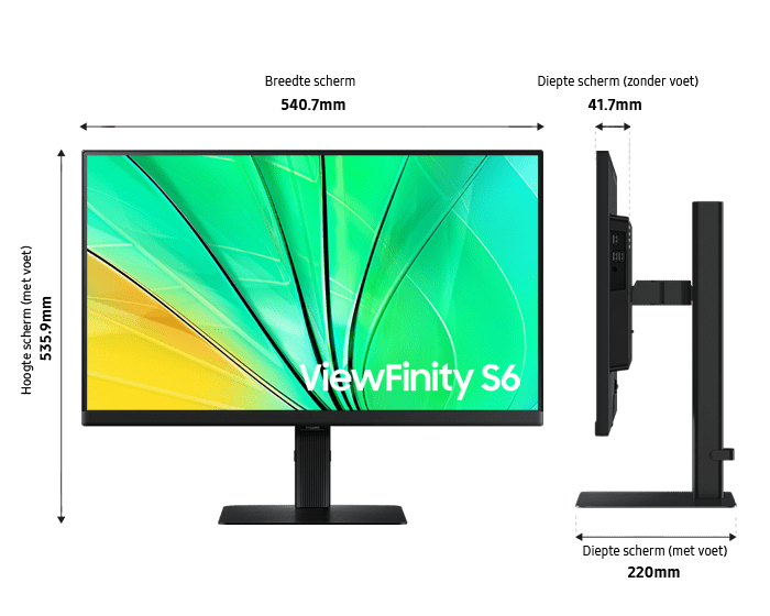 Dimension of 24inch Samsung ViewFinity S60D with black stand, and screen depth of 24mm without stand.