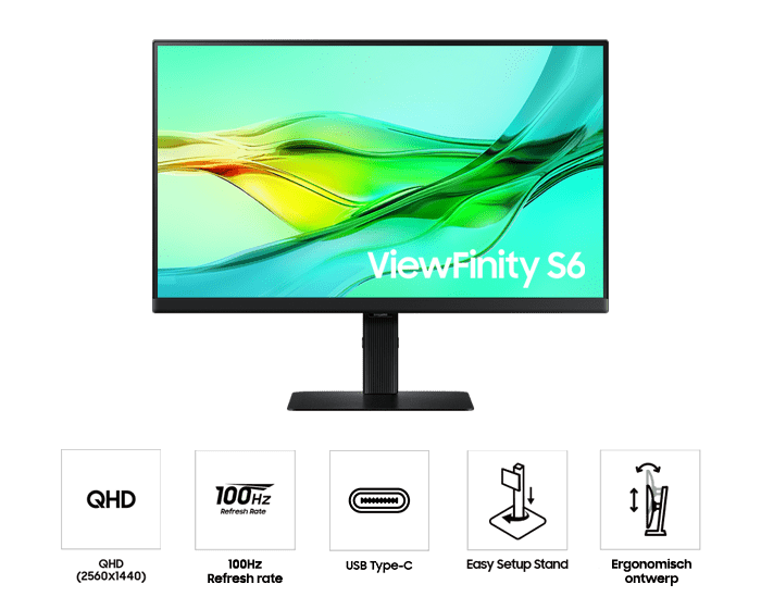 Front of 24inch Samsung ViewFinity S60UD with green wave on screen, and five icons for features about QHD, 100hz refresh rate, USB Type-C, easy setup stand, and ergonomic design.