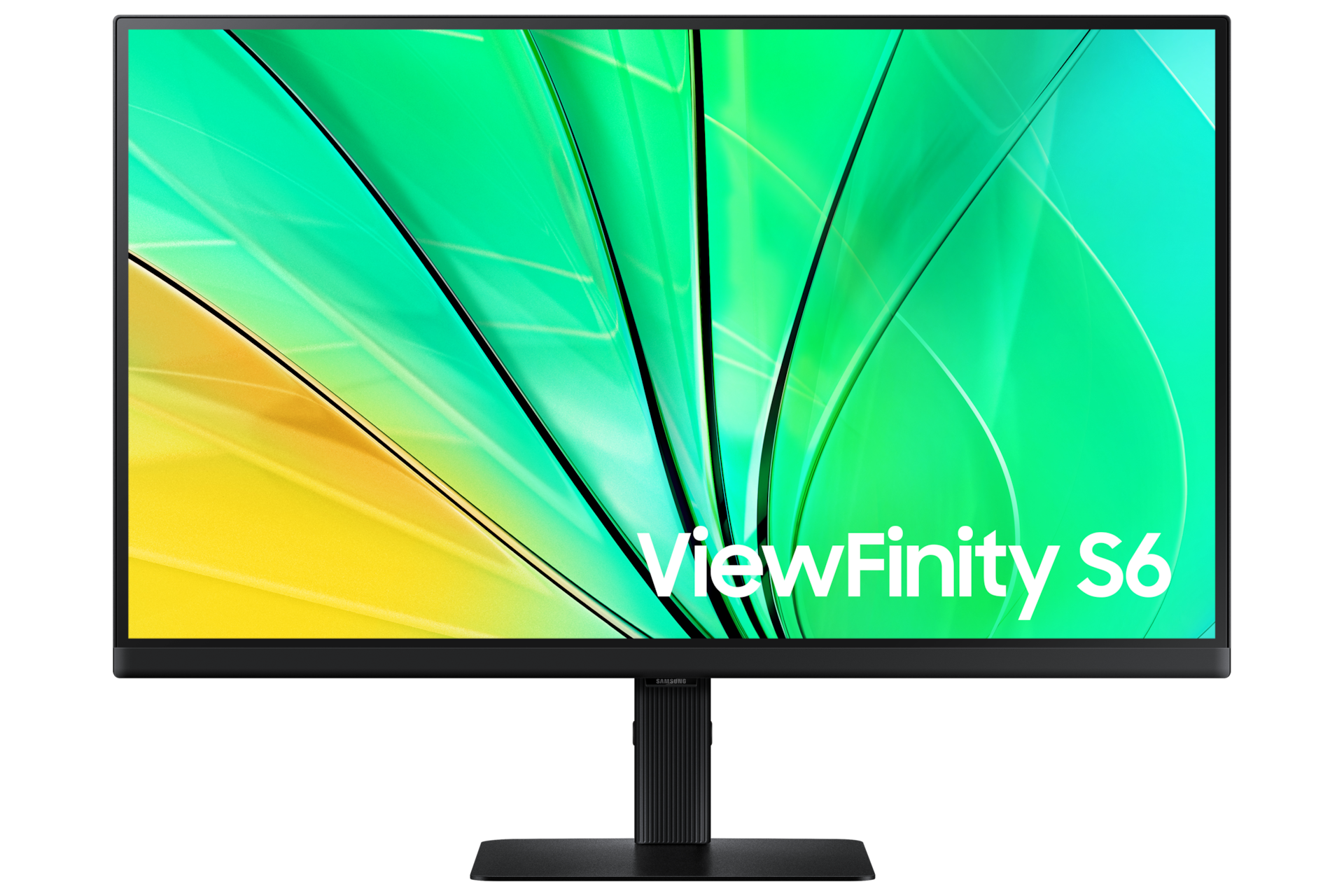 Front of 27inch Samsung ViewFinity S60D with green wave on screen.