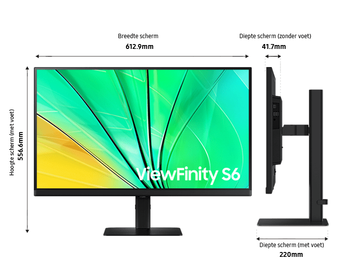 Dimension of 27inch Samsung ViewFinity S60D  with black stand, and screen depth of 27mm without stand.