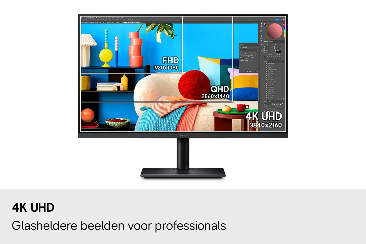 4K UHD. Glasheldere beelden voor professionals. De monitor wordt getoond met een fotobewerkingsprogramma open en het scherm toont drie vierkanten van verschillende grootte. FHD (1920×1080), QHD (2560×1440) en 4K UHD (3840×2160).
