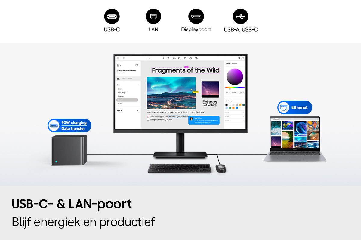 USB-C- en LAN-poort. Blijf energiek en productief. Een monitor is verbonden met een pc, een laptop, een toetsenbord en een muis. Op de monitor staat een bewerkingsprogramma. Het poortpictogram boven de pc geeft 90 W opladen en gegevensoverdracht aan, terwijl het Ethernet-pictogram boven de laptop staat. Pictogrammen voor USB-C, LAN, Display Port, USB-A en USB-B.
